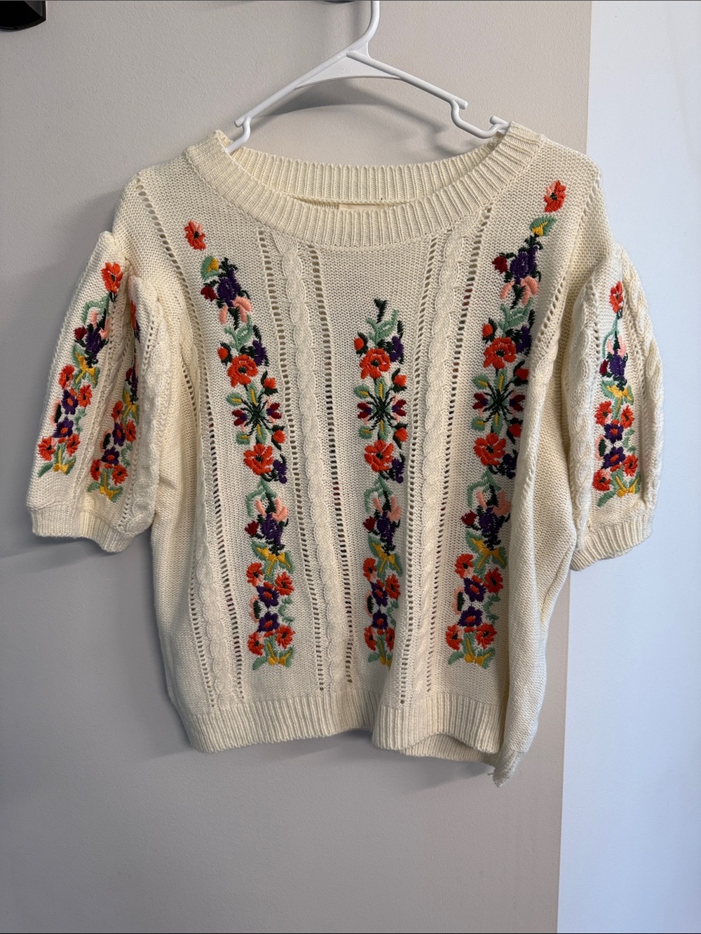 BiBi Cream Crewneck Sweater with Multicolor Floral Embroidery